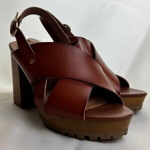 CATO Comfort Women's Dress Sandal Shoes Chunky Wood Block Slingback Cognac Sz 10